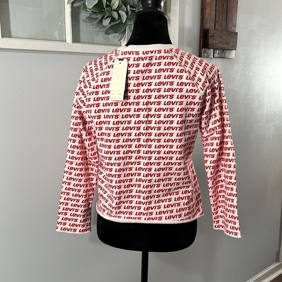 Levi’s All Over Spell Out Crop Sweatshirt Raw Hem Red White Cozy Casual S NWT - Picture 10 of 11